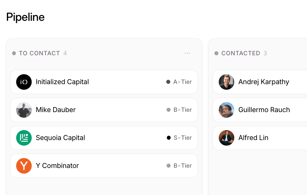 Beseed pipeline grouped by To Contact and Contacted with investors sorted by tier.