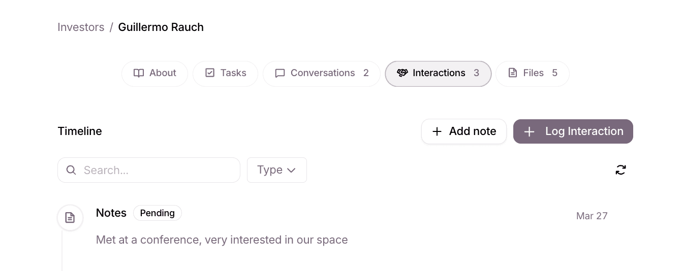 Beseed investor detail page showing a unified timeline of emails, notes, and interactions.