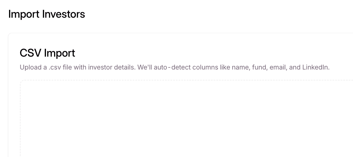 Beseed CSV import flow auto-detecting investor fields from an uploaded file.