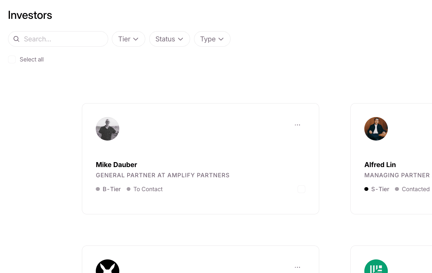 Beseed global search with investor results filtered by tier and status.