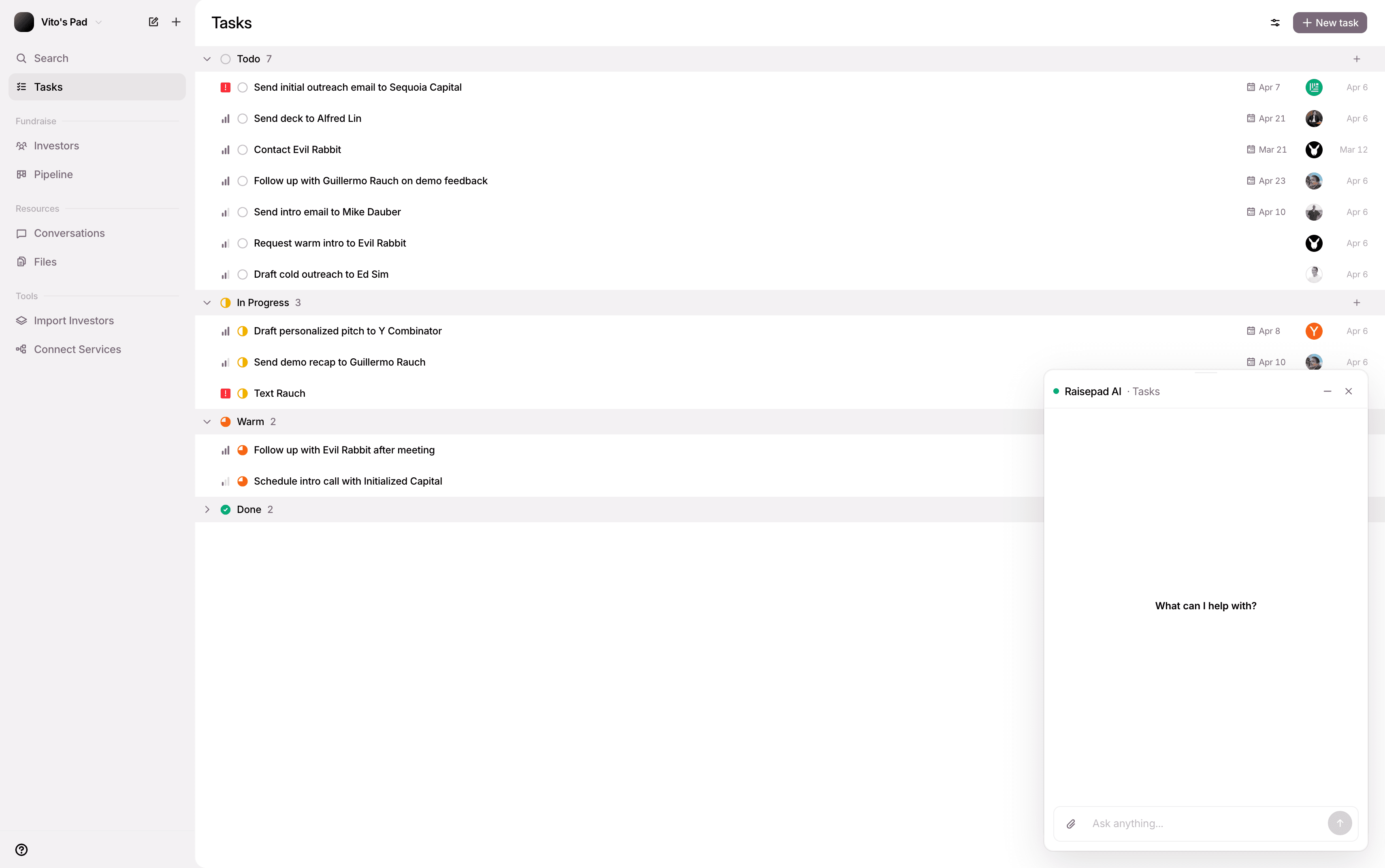 Beseed tasks dashboard with AI-powered investor pipeline and action items