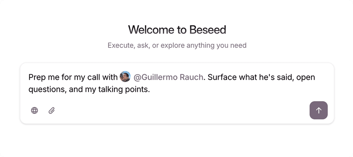 Beseed AI chat surfacing a pre-call brief with talking points for a Guillermo Rauch call.